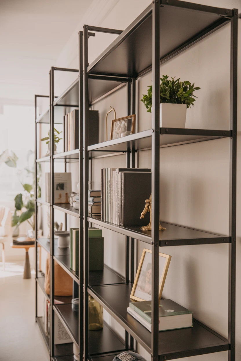 An Open-Frame Black Etagere or Bookshelf