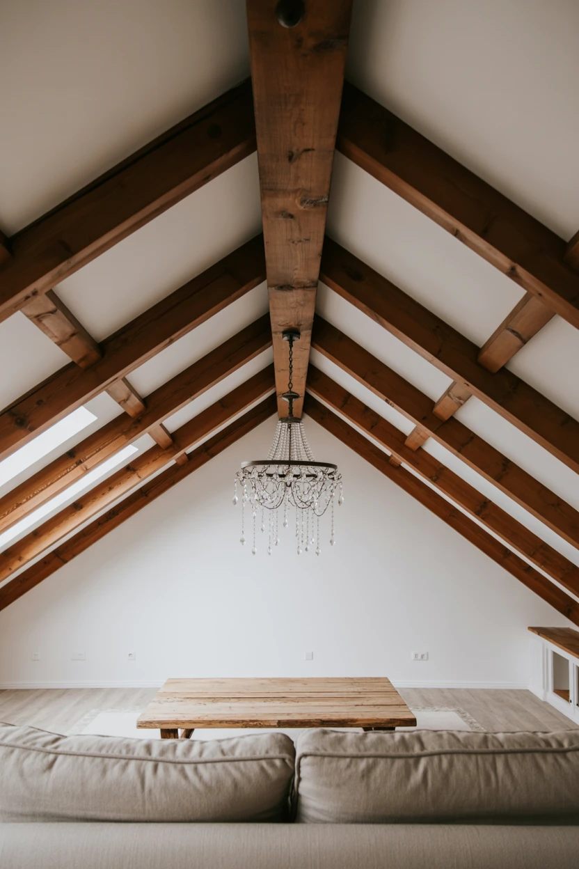 Exposed Beam Sanctuary with a Chandelier