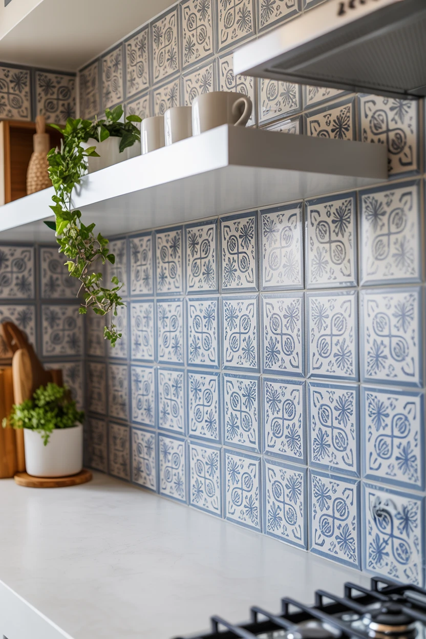Patterned Blue and White Backsplash