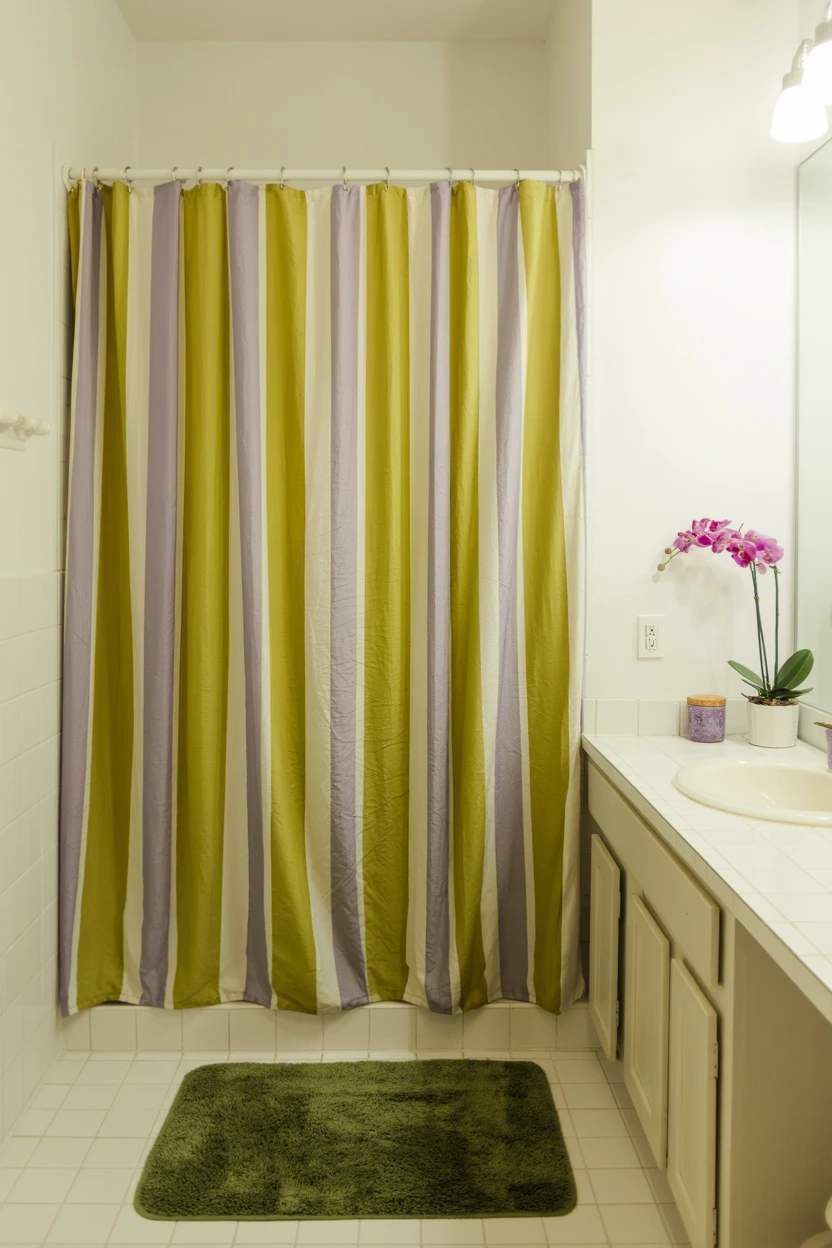 Purple and Green Striped Shower Curtain