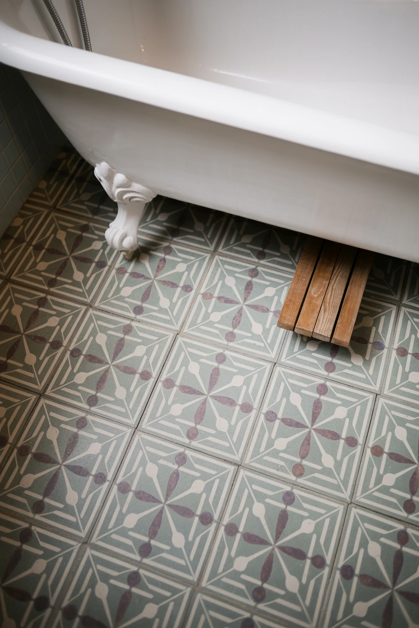 Floor Tiles with a Green and Purple Pattern