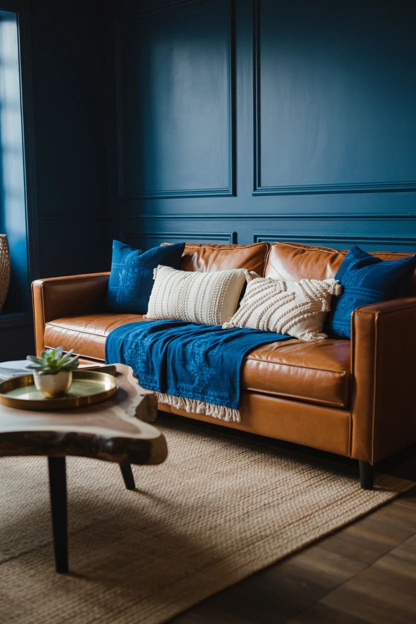 Deep Navy Walls with Cognac Leather