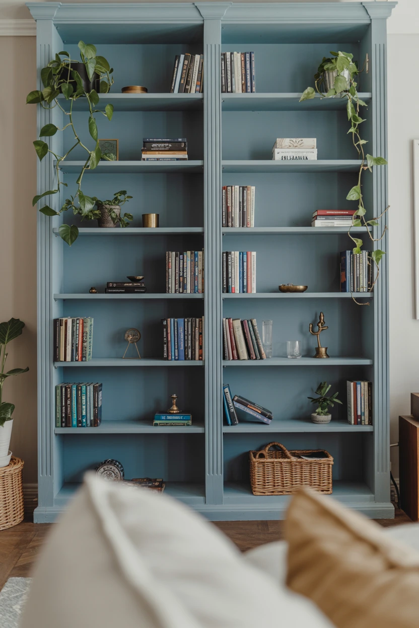 Blue Painted Bookshelf Styling