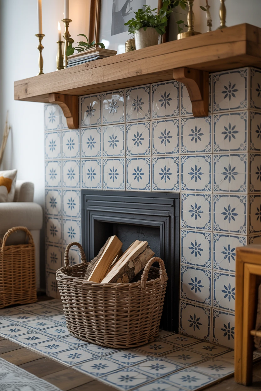 Blue Tiled Fireplace Surround