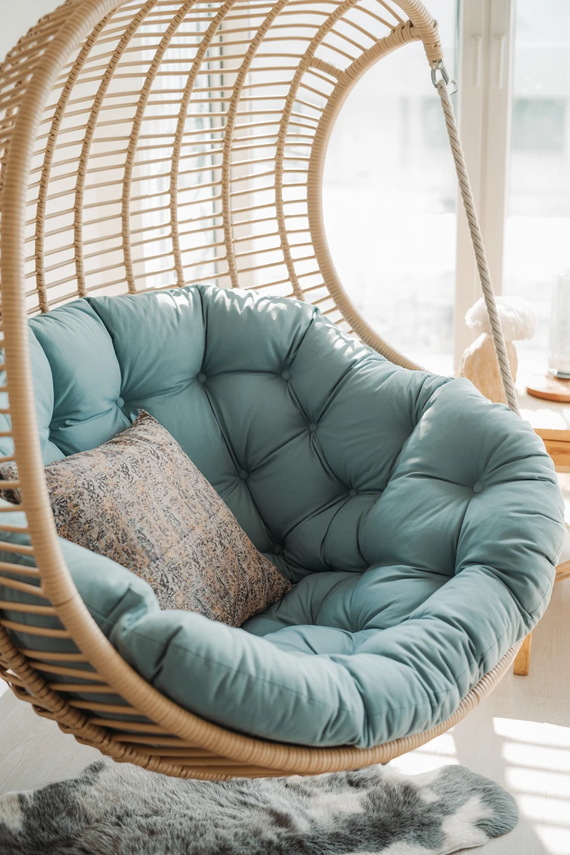 A Swing Chair with Blue Cushions