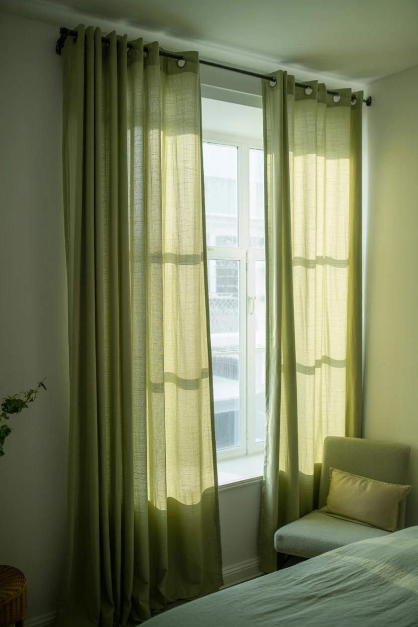White Walls with Flowing Sage Curtains