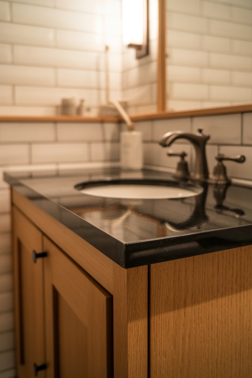 A Wood Vanity with a Black Countertop