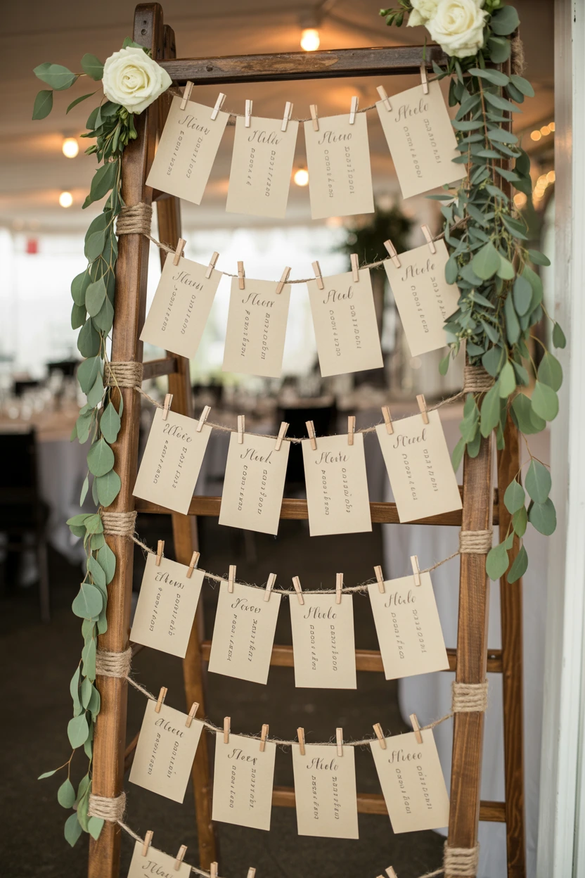 Escort Cards on a Rustic Ladder
